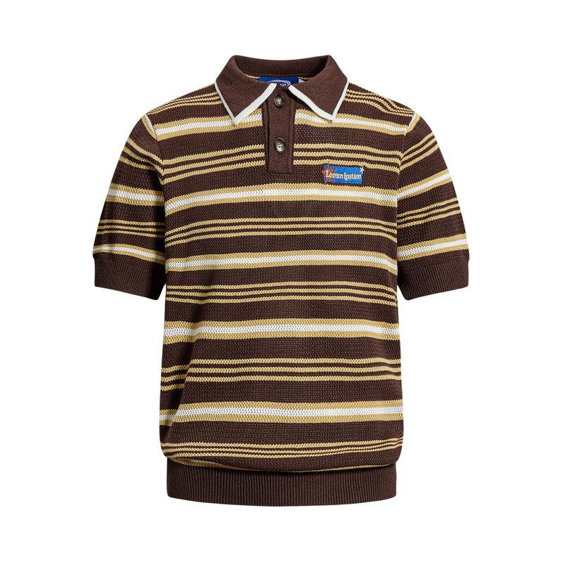 Brown striped knit polo shirt with short sleeves, contrast collar, and vintage collegiate styling