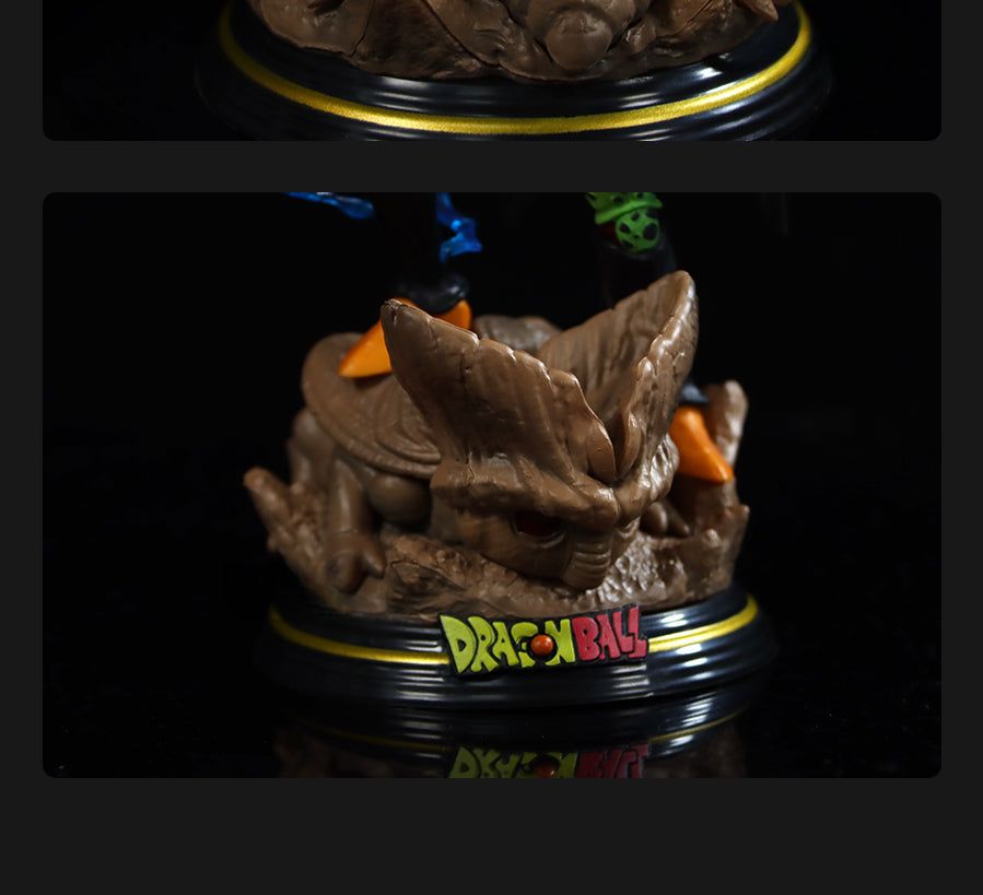 Part of the Seakoff Dragon Ball Z Collectible Figure Set, this base features a brown rocky texture with sharp edges and an embedded &quot;Dragon Ball&quot; logo. Its orange accents enhance the design against a dark backdrop, perfect for fans looking to display their 17cm Piccolo, Vegeta, and Cell figures.