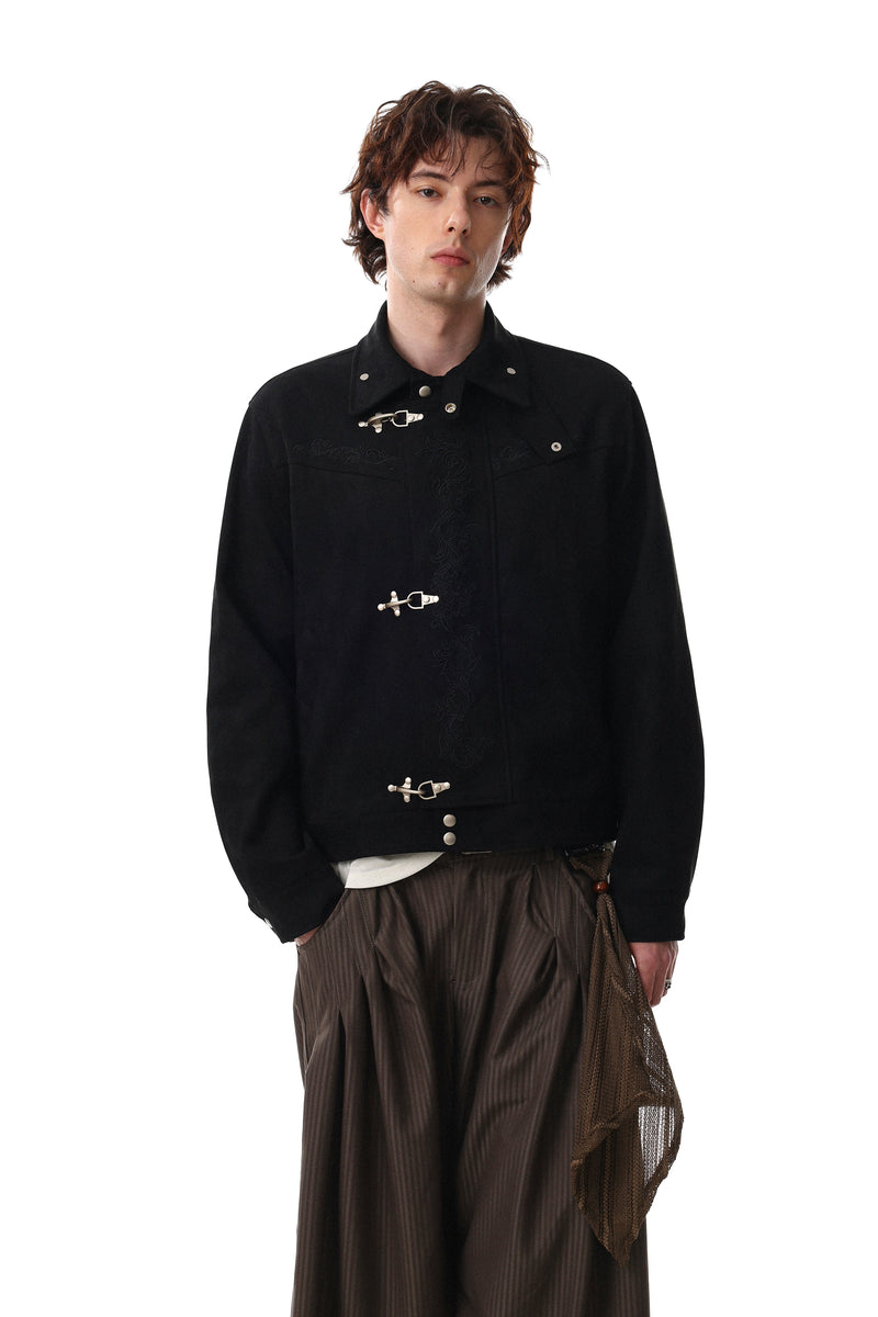 Toggle-Closure Embroidered Stand-Collar Cotton Jacket