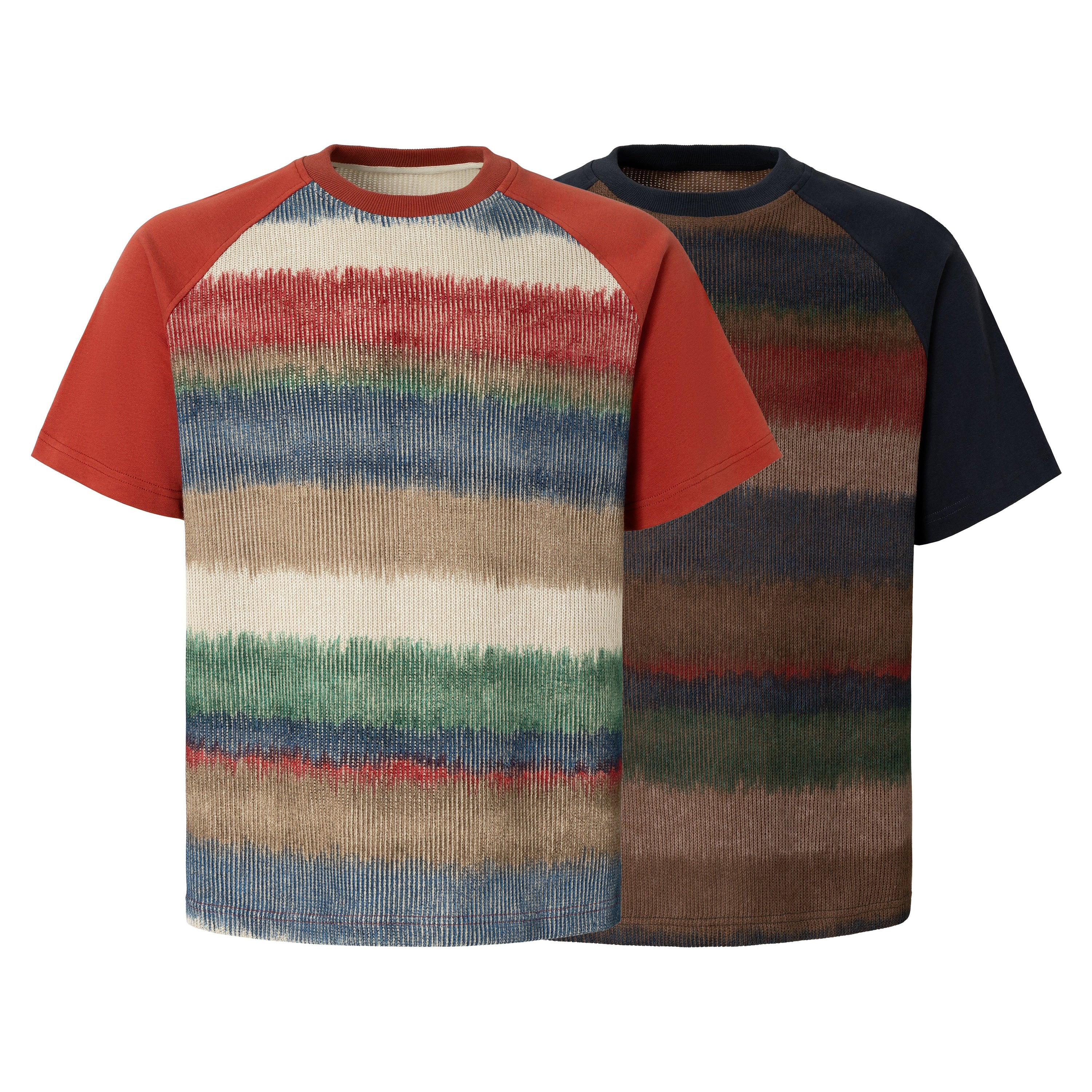 Rust-red raglan sleeve t-shirt with multicolor gradient stripe knit body panel and ribbed crewneck collar