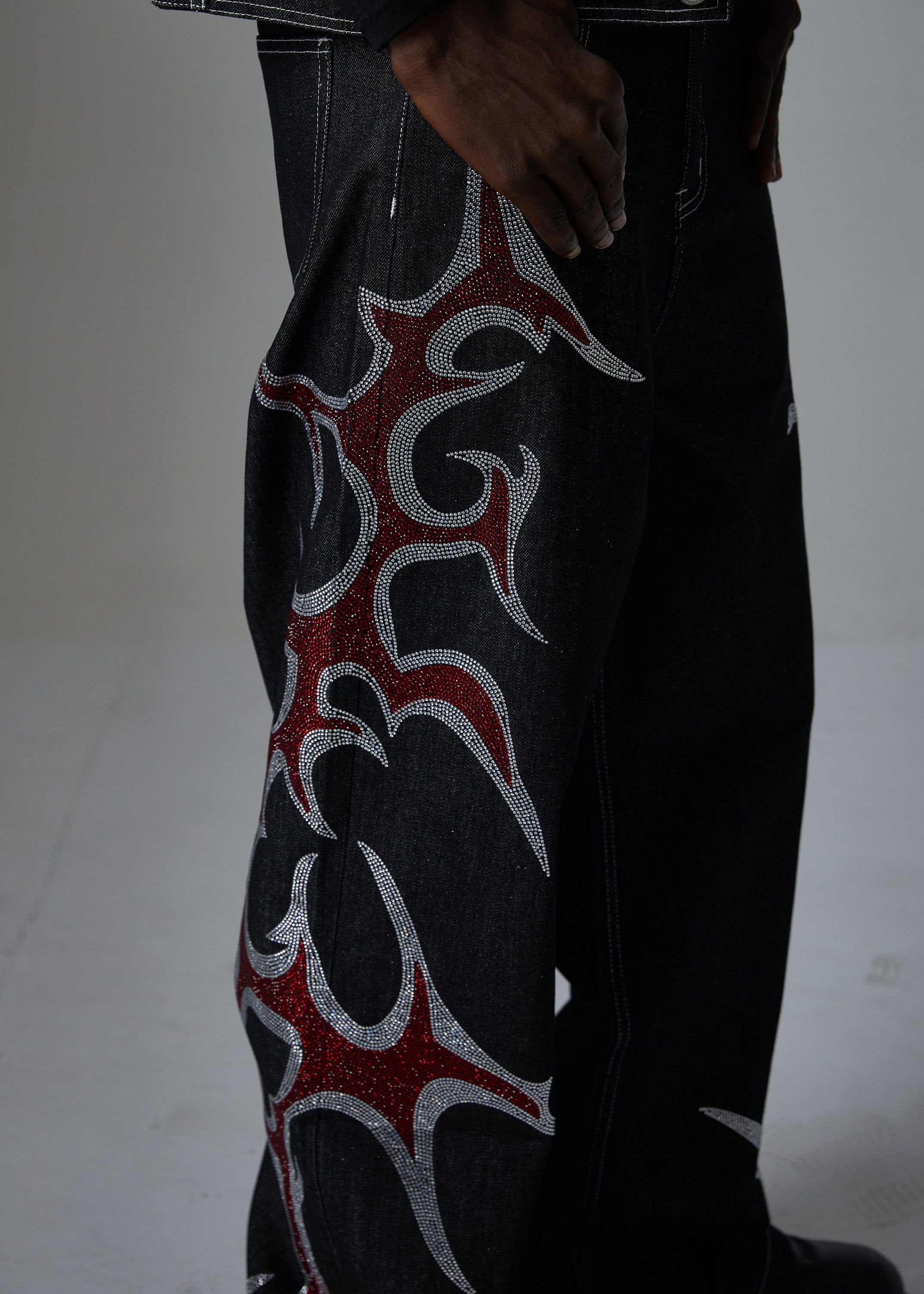 Omirad Tribal Flame Rhinestone Wide-Leg Denim Pants
