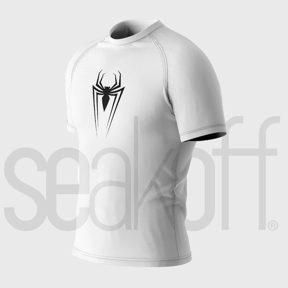 A Seakoff Spider Symbol Compression Gym Shirt, white with short sleeves and a black spider emblem, features high-performance moisture-wicking technology. The image has a plain background with the &quot;seakoff&quot; watermark across it.