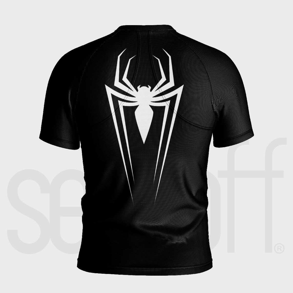 The Seakoff Spider Symbol Compression Gym Shirt features a black athletic short-sleeve design with a large white spider emblem on the back. Its angular design and high-performance moisture-wicking technology make it perfect for workouts, with a light gray background and semi-transparent &quot;senoff&quot; text.