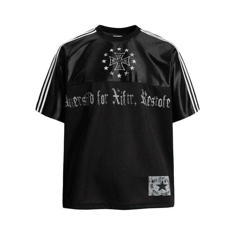 Black mesh sport tee with white shoulder stripes and gothic cross and star graphics on the chest
