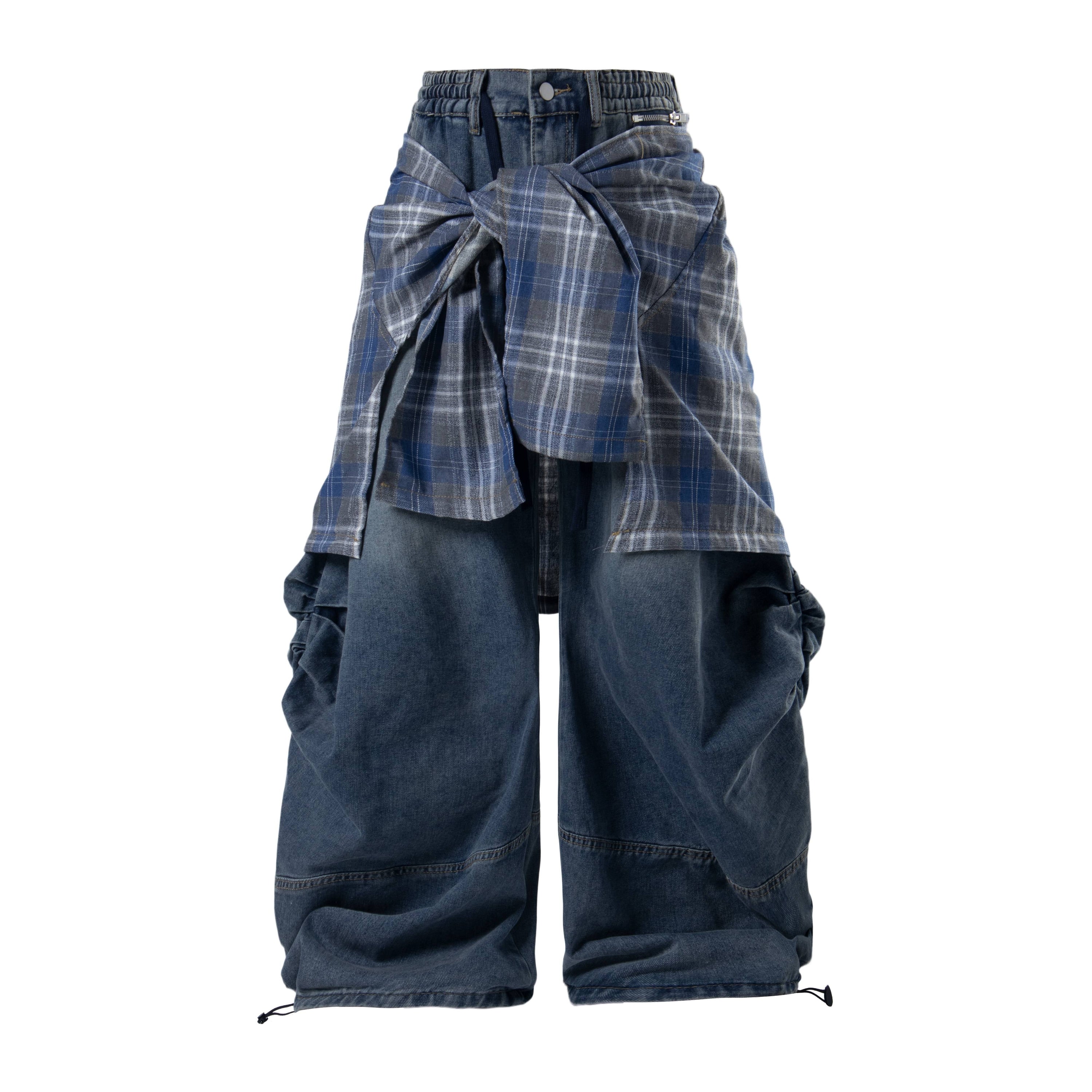 Omirad Layered Plaid Baggy Jeans | Y2K Wide-Leg Denim