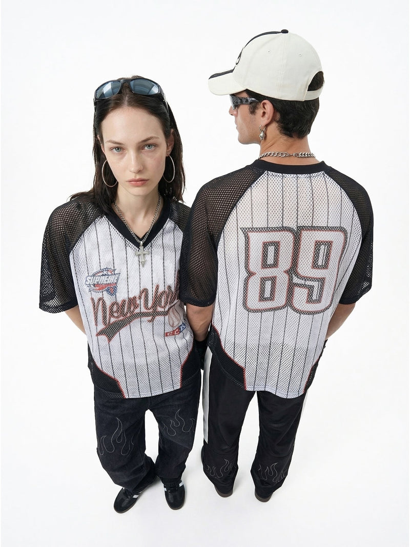 Black and white mesh jersey T-shirt with pinstripes and New York 89 graphic, shown on two models front and back