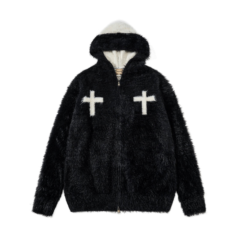 Black fuzzy zip hoodie with white cross patches, front view