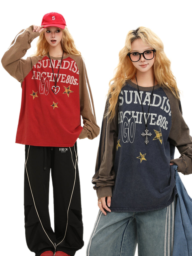 Two model views wearing raglan long sleeve tees in red and blue vintage star print