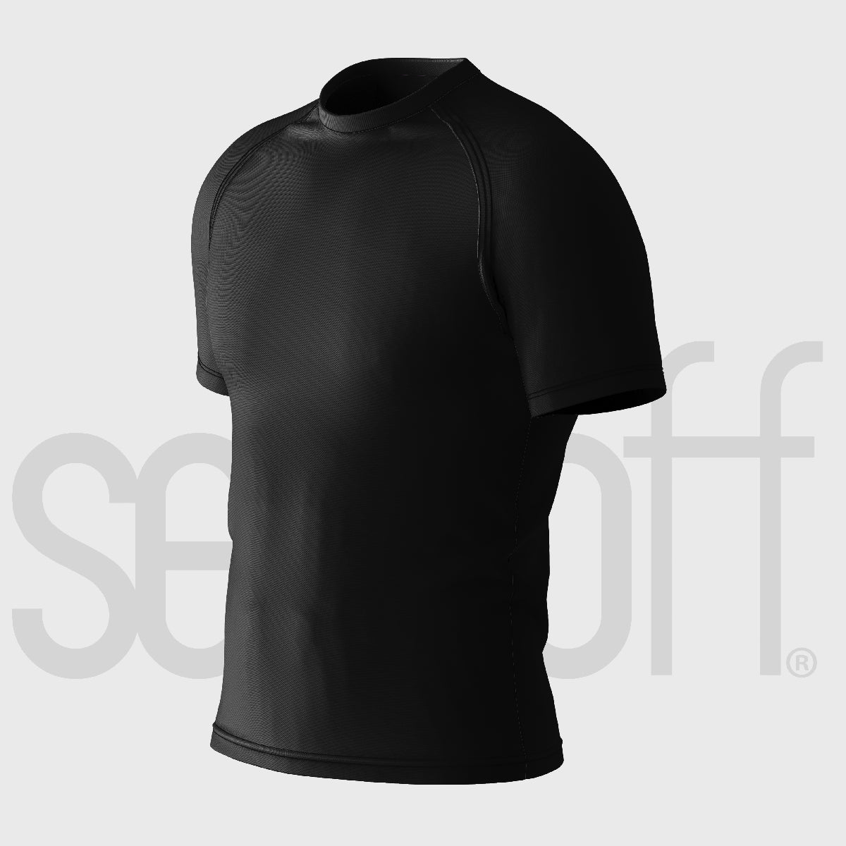 The Seakoff Phantom Troupe Spider Compression Gym Shirt, a black short-sleeve athletic top, is displayed on a plain background. It features a crew neck and smooth texture with moisture-wicking technology and showcases the word &quot;seamless&quot; faintly in the design.