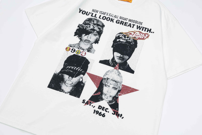 White graphic tee with retro portrait collage, bold text, and red star accents in a vintage streetwear style