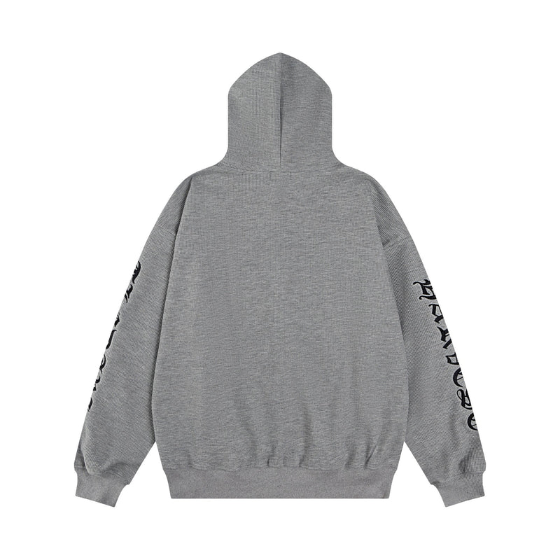 Back view of gray zip hoodie with plain hood and black gothic script on sleeves