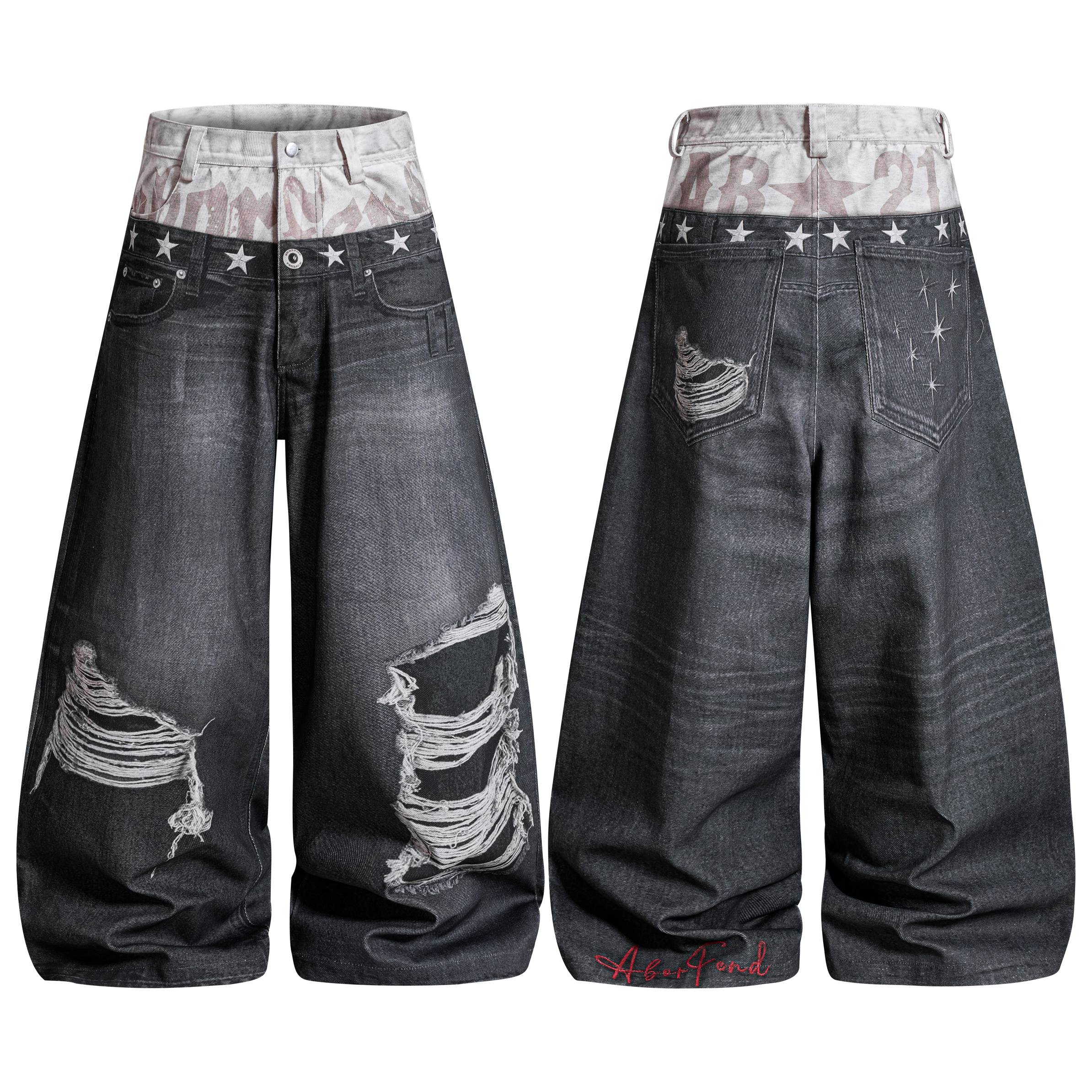 Front and back view of washed black distressed balloon jeans with camo double waistband and silver star embroidery
