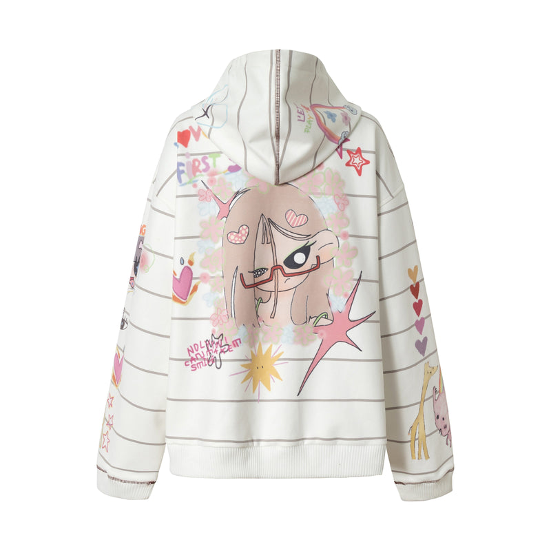 Back view of cream zip-up hoodie with large cartoon graphic and pastel doodles