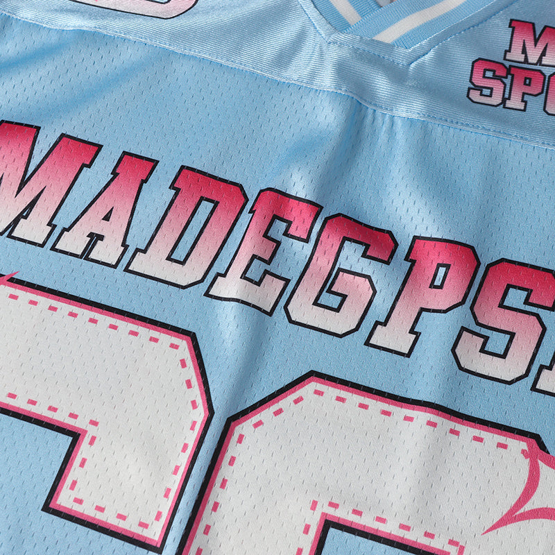 Y2K Football Jersey | Baby Blue & Pink Streetwear Mesh Top