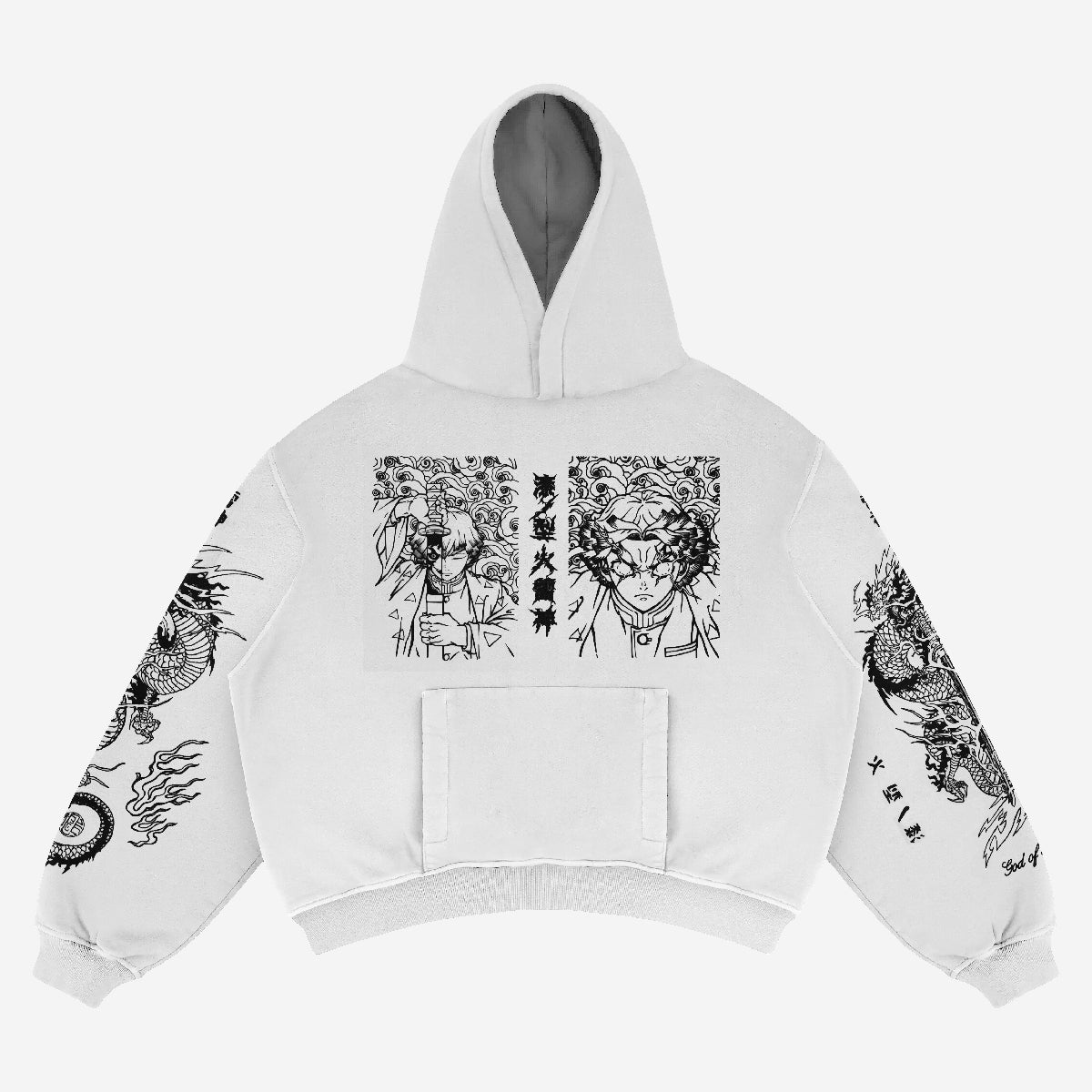 The Zenitsu Agatsuma-Inspired &quot;Thunder God&quot; Hoodie by Demon Slayer features detailed black line art. The back has two large character illustrations with text, while the sleeves display dragons and intricate patterns, perfectly capturing anime streetwear vibes. Limited Edition.