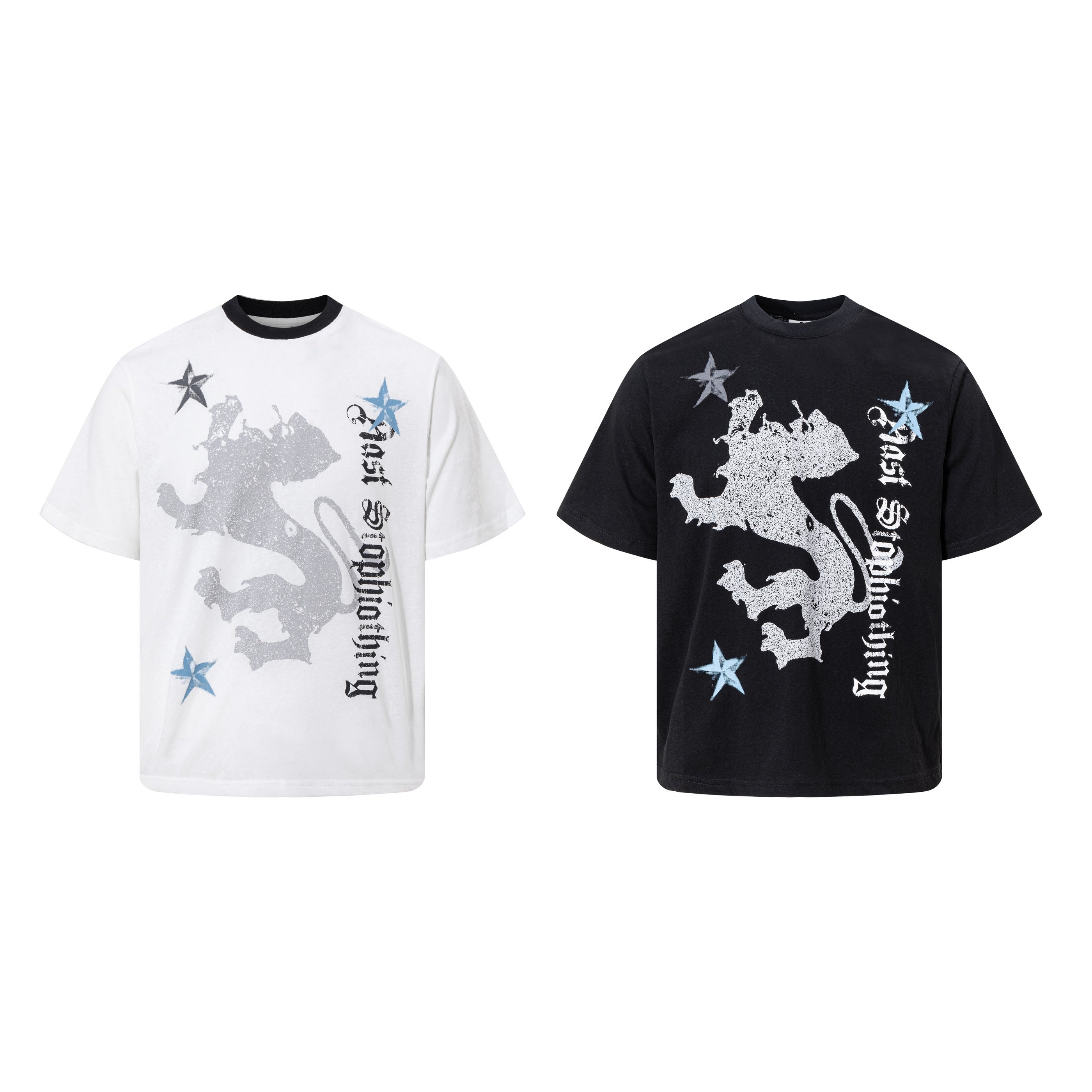 White oversized gothic lion graphic tee with distressed heraldic print, blue star accents, and vertical gothic lettering on f