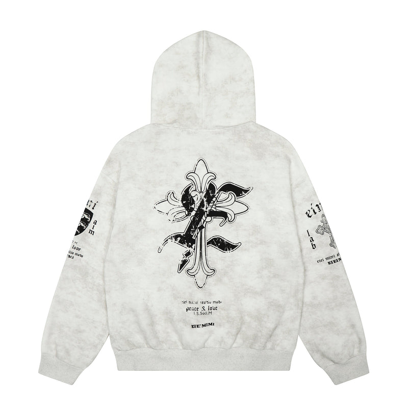 Back view of white hoodie showing large black cross graphic and distressed print