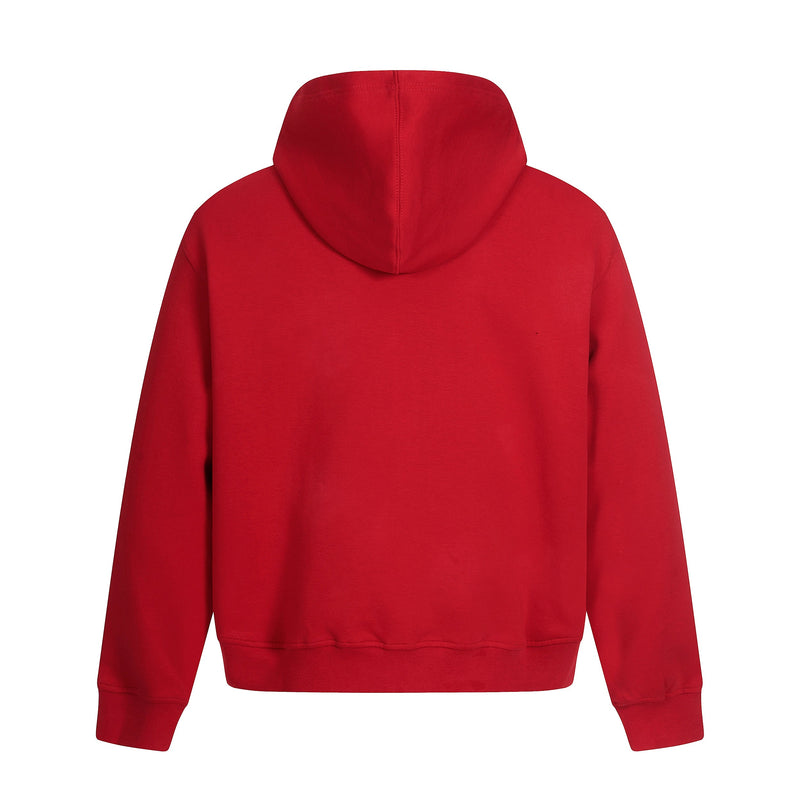 Back view of a red hooded sweatshirt with smooth fleece fabric