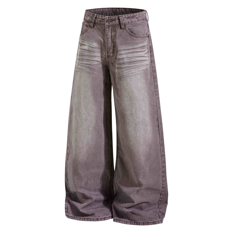 Brown wide-leg faded denim pants, front view with light whiskering