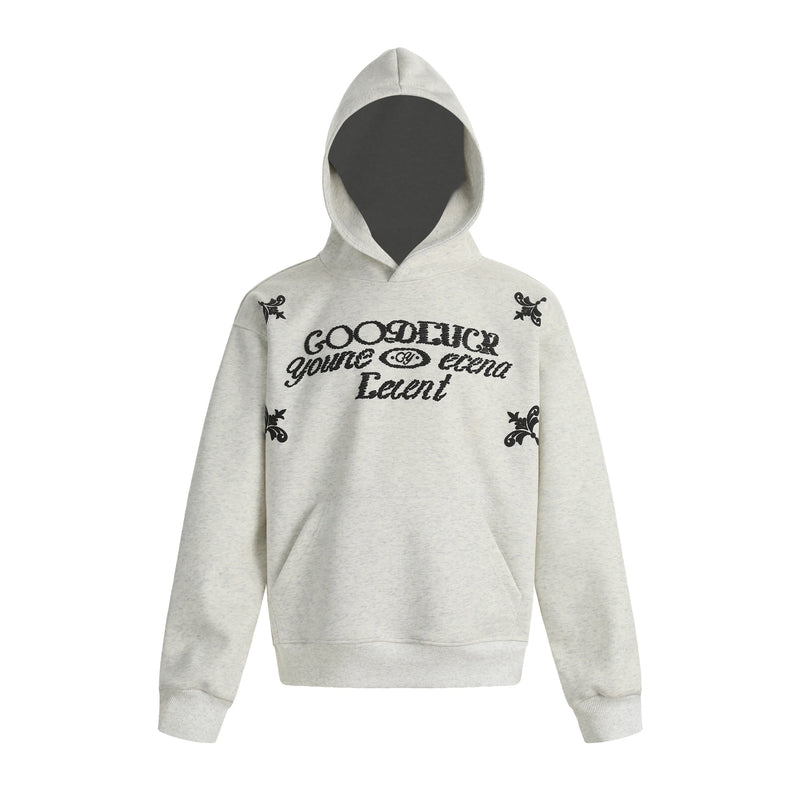 Heather gray fleece hoodie front view with embroidered script graphic and floral shoulder accents