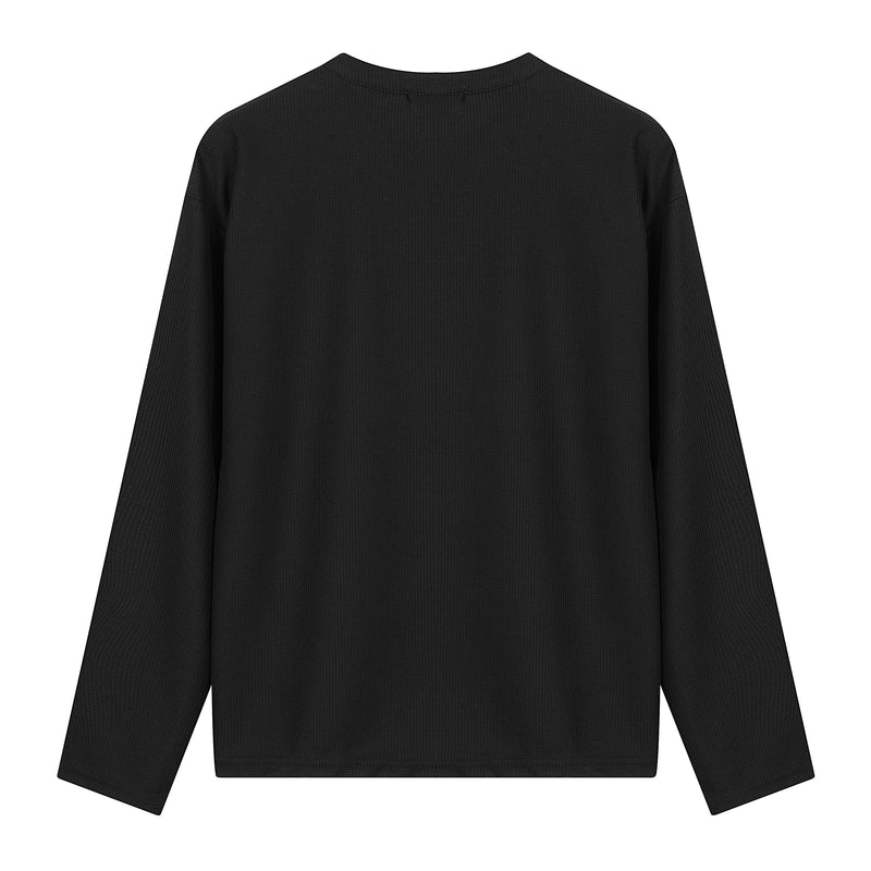 Black waffle-knit Henley long sleeve tee, back view without graphics