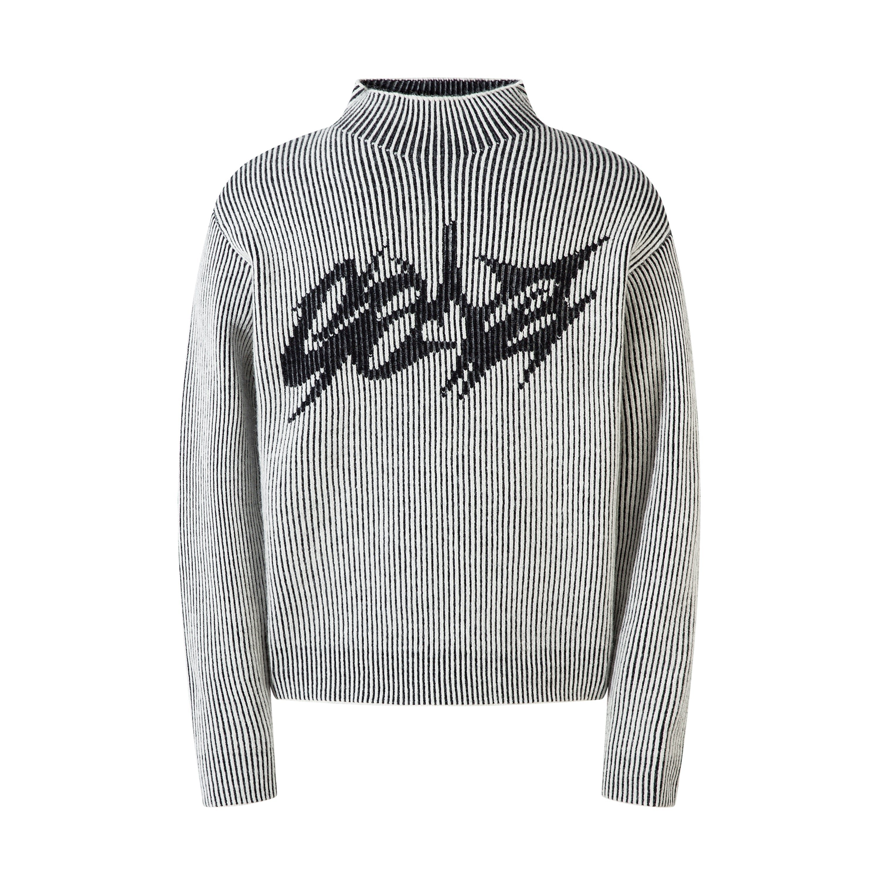 Black and white ribbed knit sweater with bold lightning script graphic on the chest and high mock neck collar