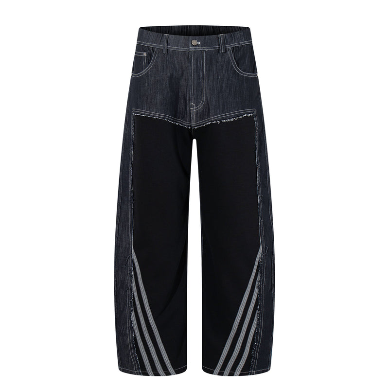 Front view of dark denim wide-leg jeans with jersey panel legs and contrast stitching