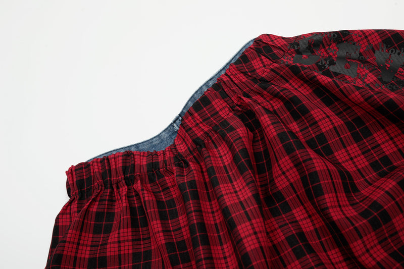 Plaid Ruffle Overlay Wide-Leg Denim Pants | Streetwear