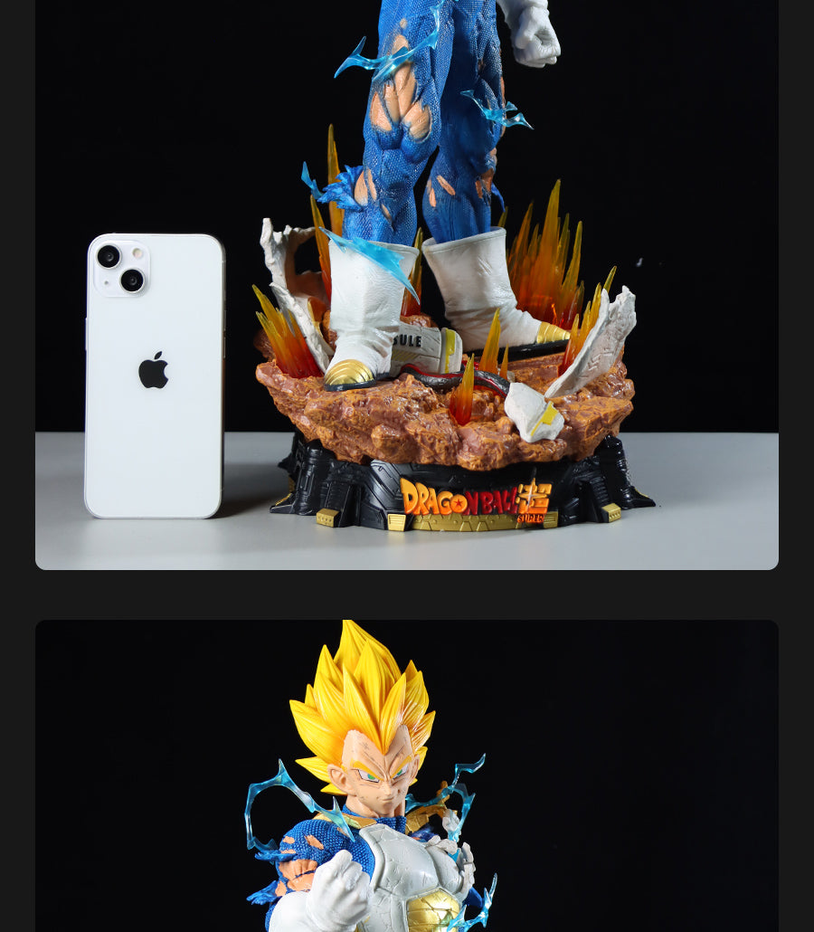 The Seakoff Vegeta Collectible Figure (55cm) features Super Saiyan spiky yellow hair and torn blue clothing on a fiery base with the &quot;Dragon Ball GT&quot; logo. Positioned next to an iPhone, it showcases crossed arms, reminiscent of Dragon Ball Z&