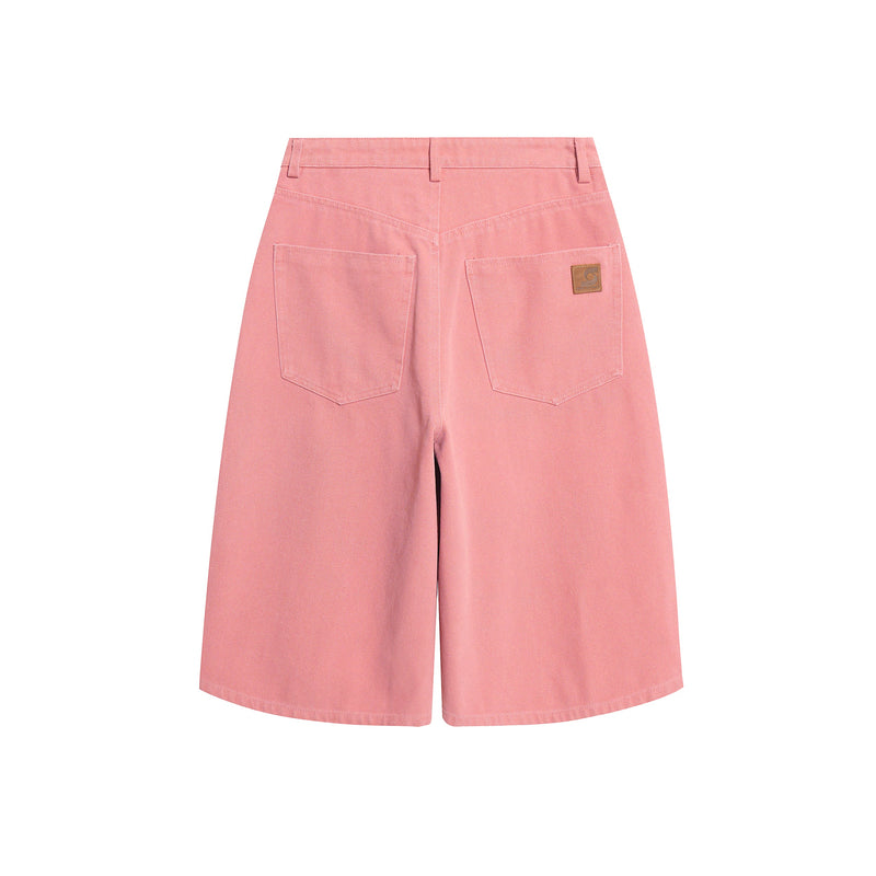 Pink wide-leg denim jorts back view with patch pockets and small logo label on the right pocket