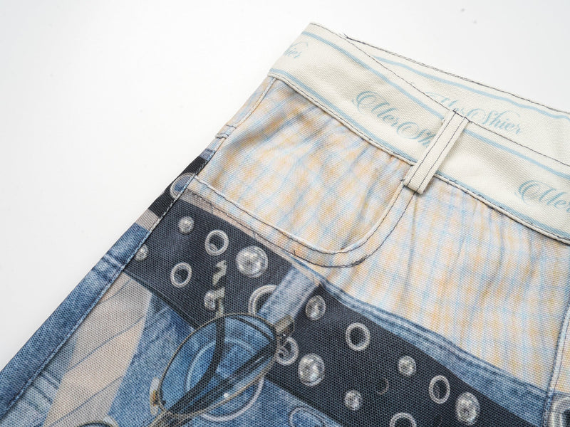 Close-up of the back yoke and pocket area with printed chain and bubble pattern