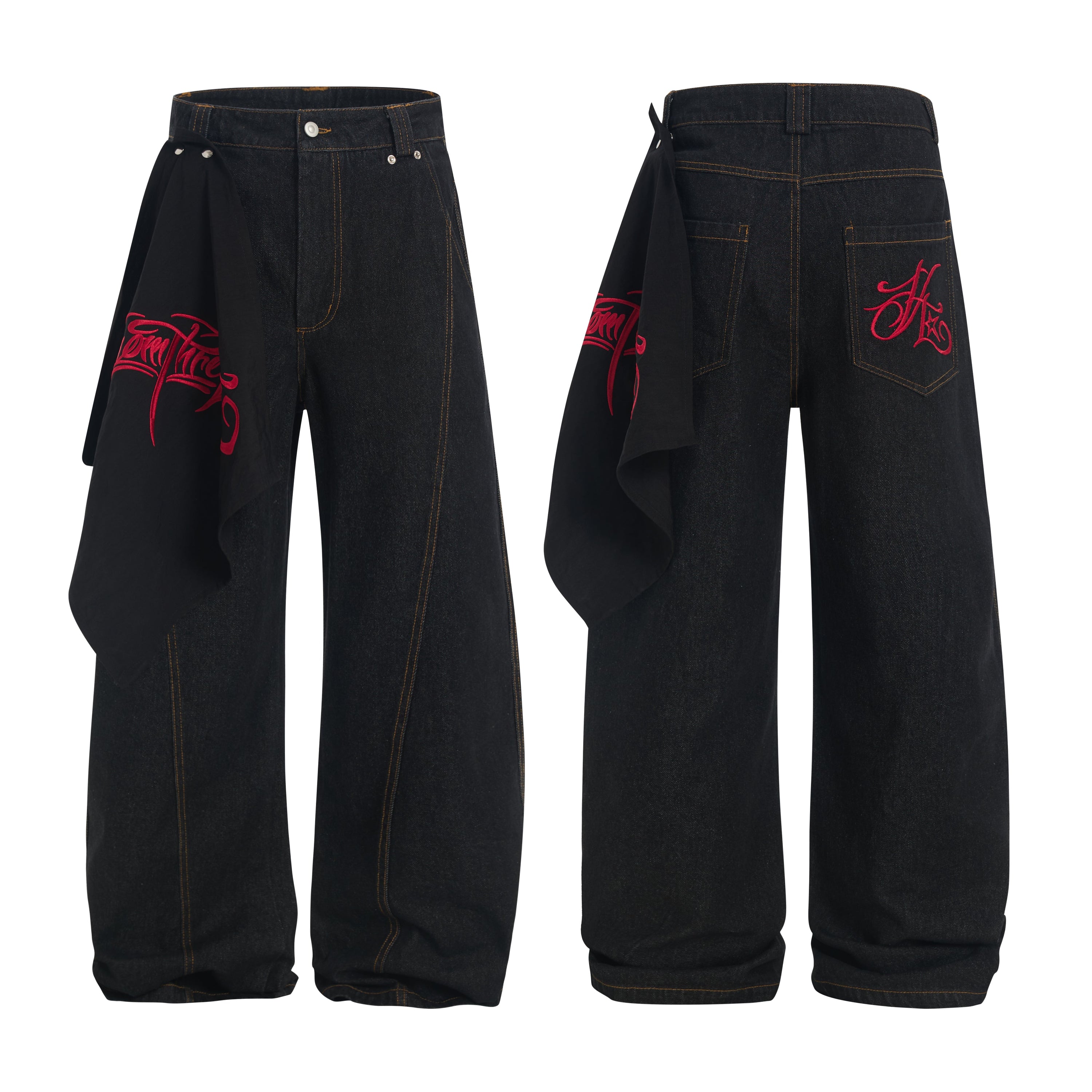 Front and back view of black wide-leg jeans with red embroidery and detachable side drape panel
