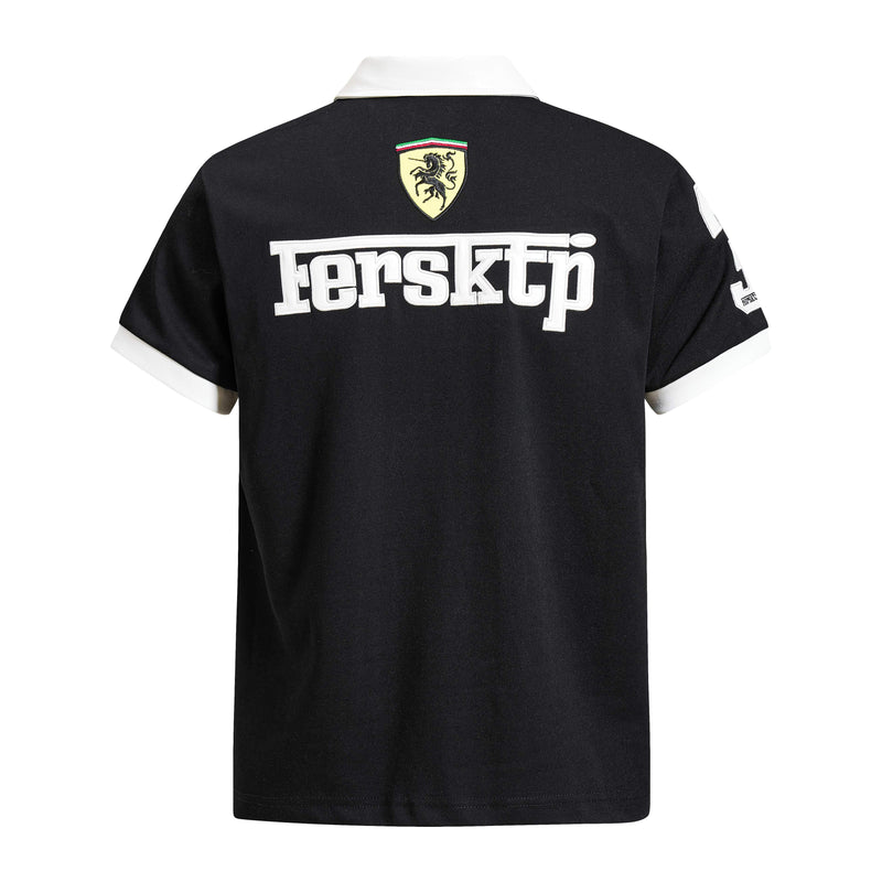 Black and white polo shirt with Ferrari-style crest and bold Ferskti lettering on the back, sporty streetwear design