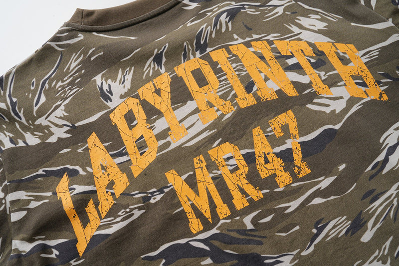 Back of olive camo layered tee with large orange LABYRINTH and MR97 text across the shoulders