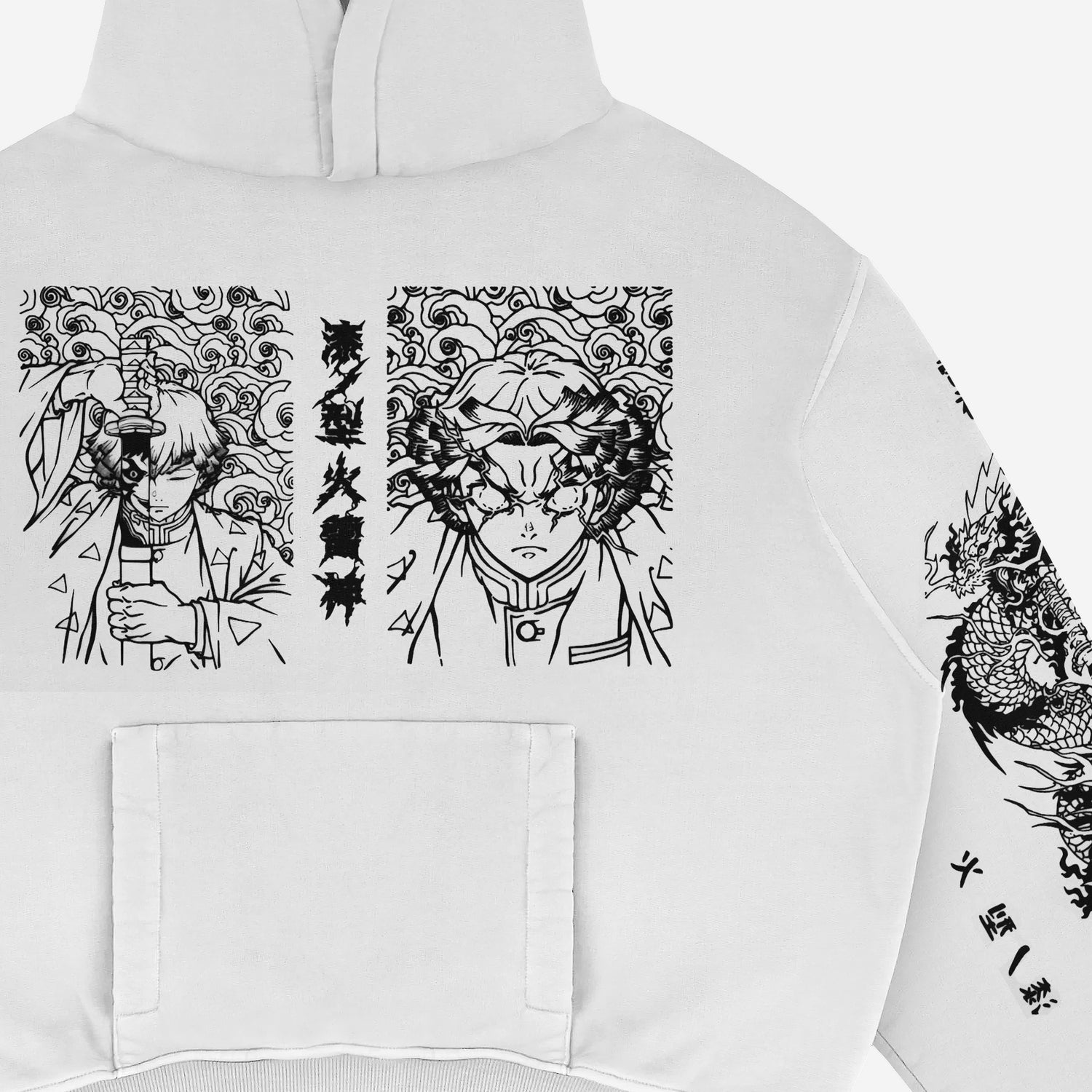 This &quot;Thunder God&quot; Hoodie by Demon Slayer features a white jacket with black line art of two anime characters on the back, swirling patterns, one character holding a mask, intricately illustrated dragon sleeves, and Japanese text, inspired by Zenitsu Agatsuma&