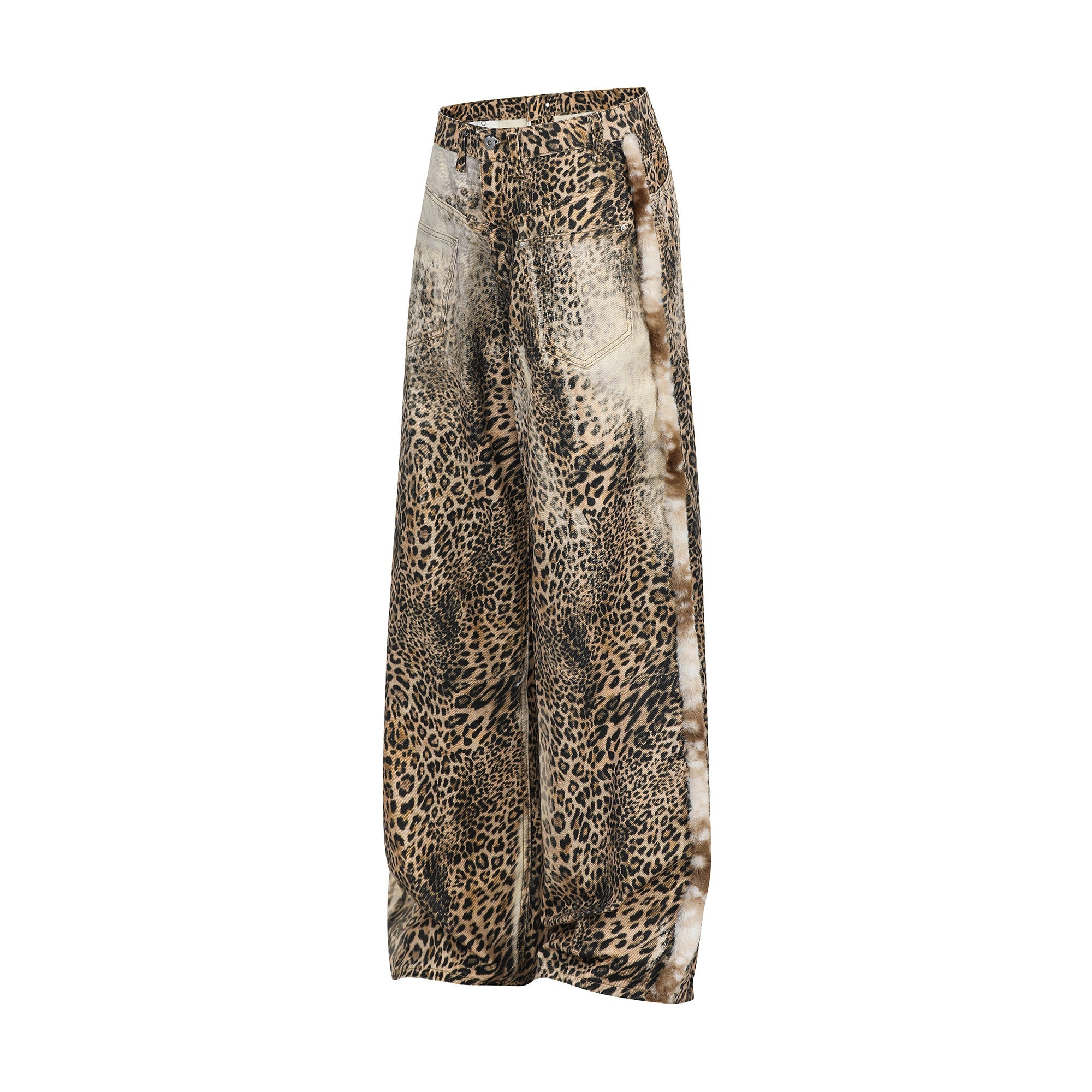 Leopard Print Fur-Trim Wide-Leg Jeans | Streetwear Statement