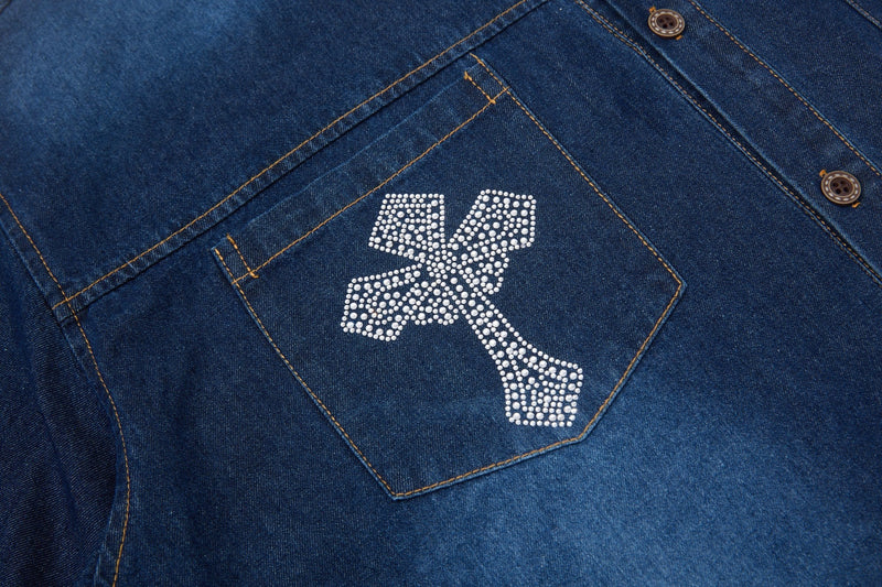 Dark blue denim shirt with a rhinestone cross design on the chest pocket and contrast stitching