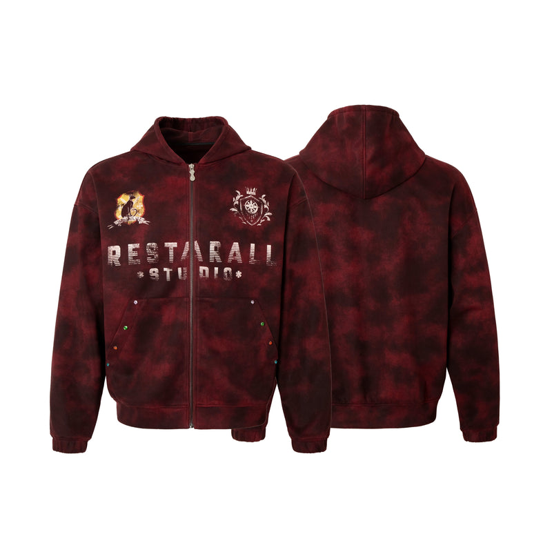 Front and back views of burgundy zip-up hoodie with graphic print