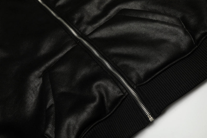 Omirad Badge PU Leather Hooded Varsity Jacket
