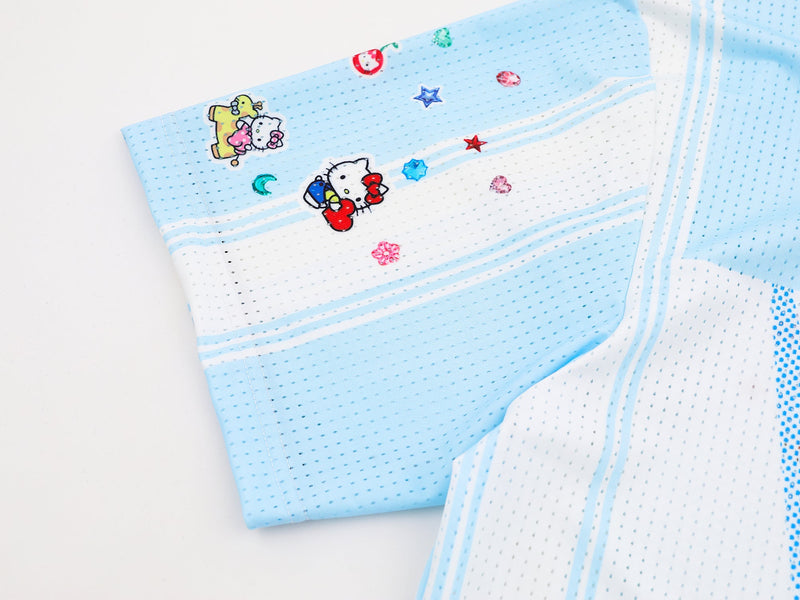 Light blue Hello Kitty varsity mesh jersey with striped panels, star accents, and playful graphic prints on the sleeve and body