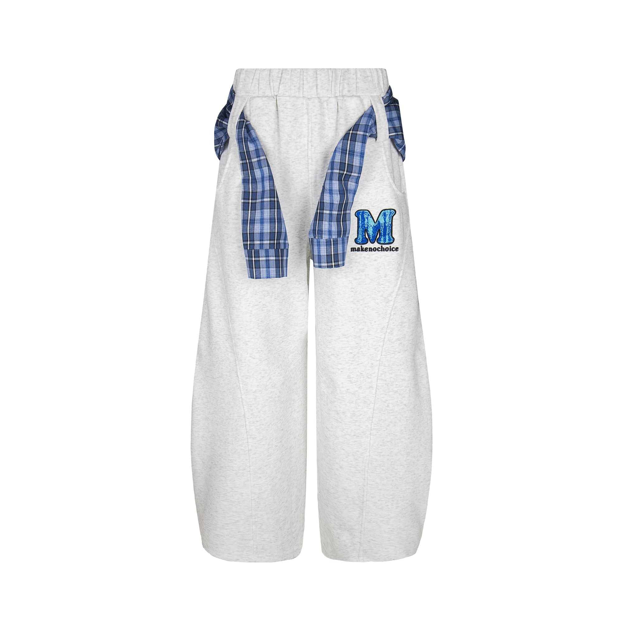 Plaid-Tied Wide-Leg Sweatpants with Chenille Patch | Makenochoice