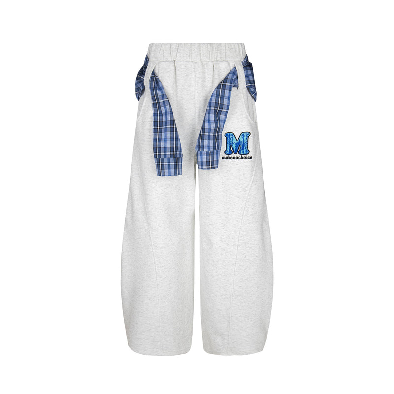Plaid-Tied Wide-Leg Sweatpants with Chenille Patch | Makenochoice