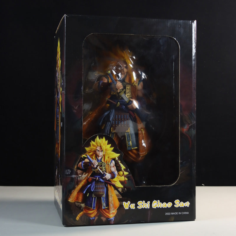 The Seakoff Goku Samurai Collectible Figure from Dragon Ball Z, 30cm tall in a sword pose with vibrant yellow hair and detailed samurai outfit, is visible through a clear plastic window. The box includes an illustration and &quot;Va She Chao Sou&quot; text. Made in China.