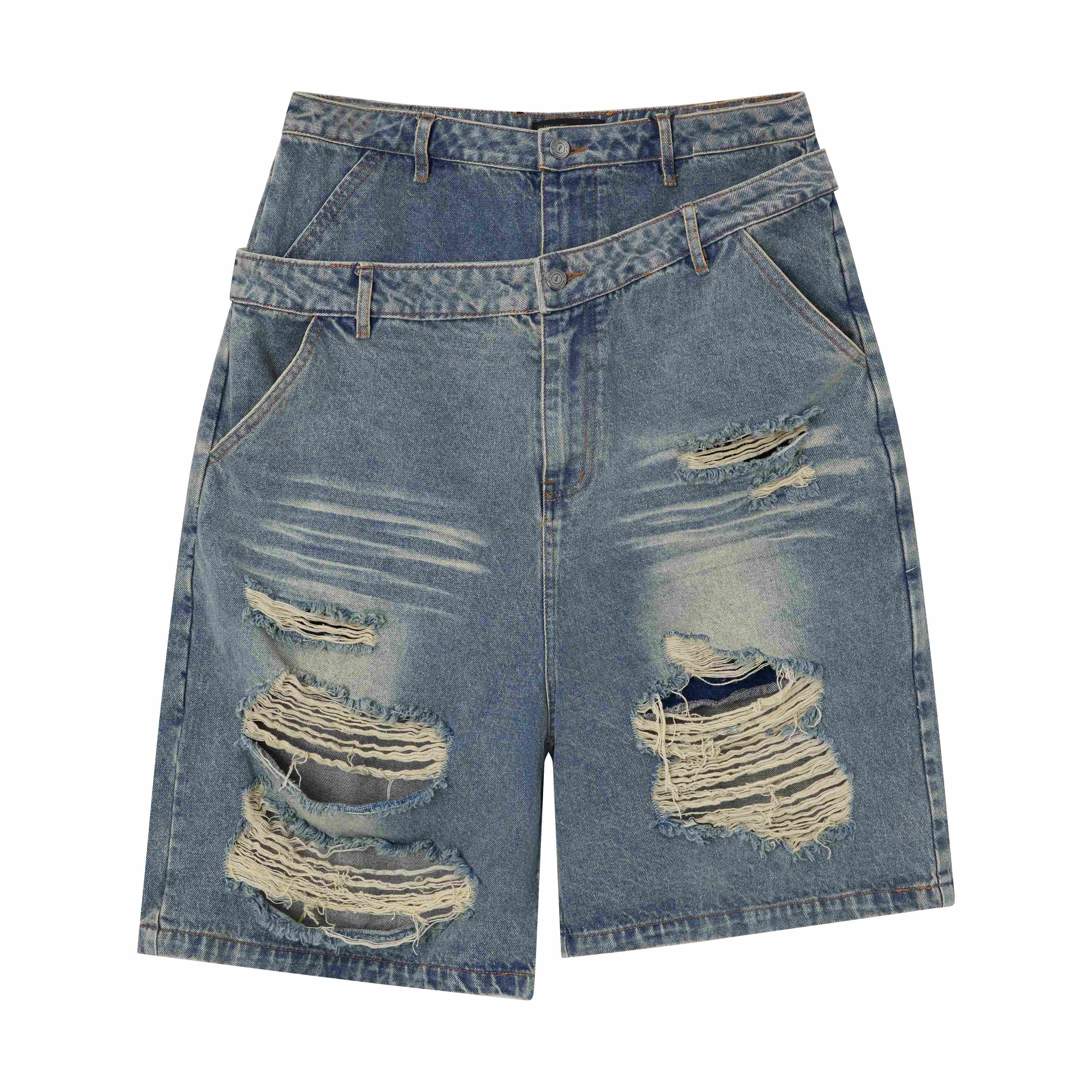 Front view of light blue washed distressed denim shorts with layered double waistband and heavy rip detailing