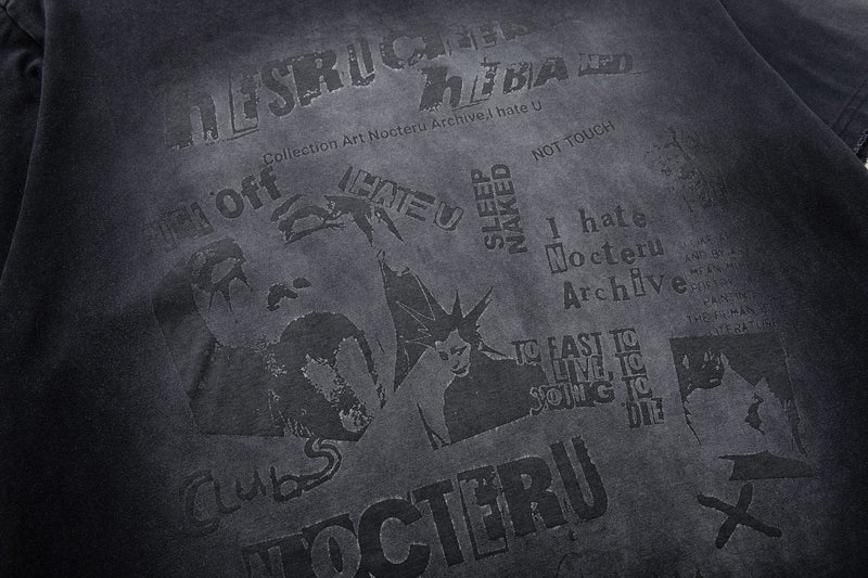 Washed black graphic tee with distressed archive-style typography and collage print on the front