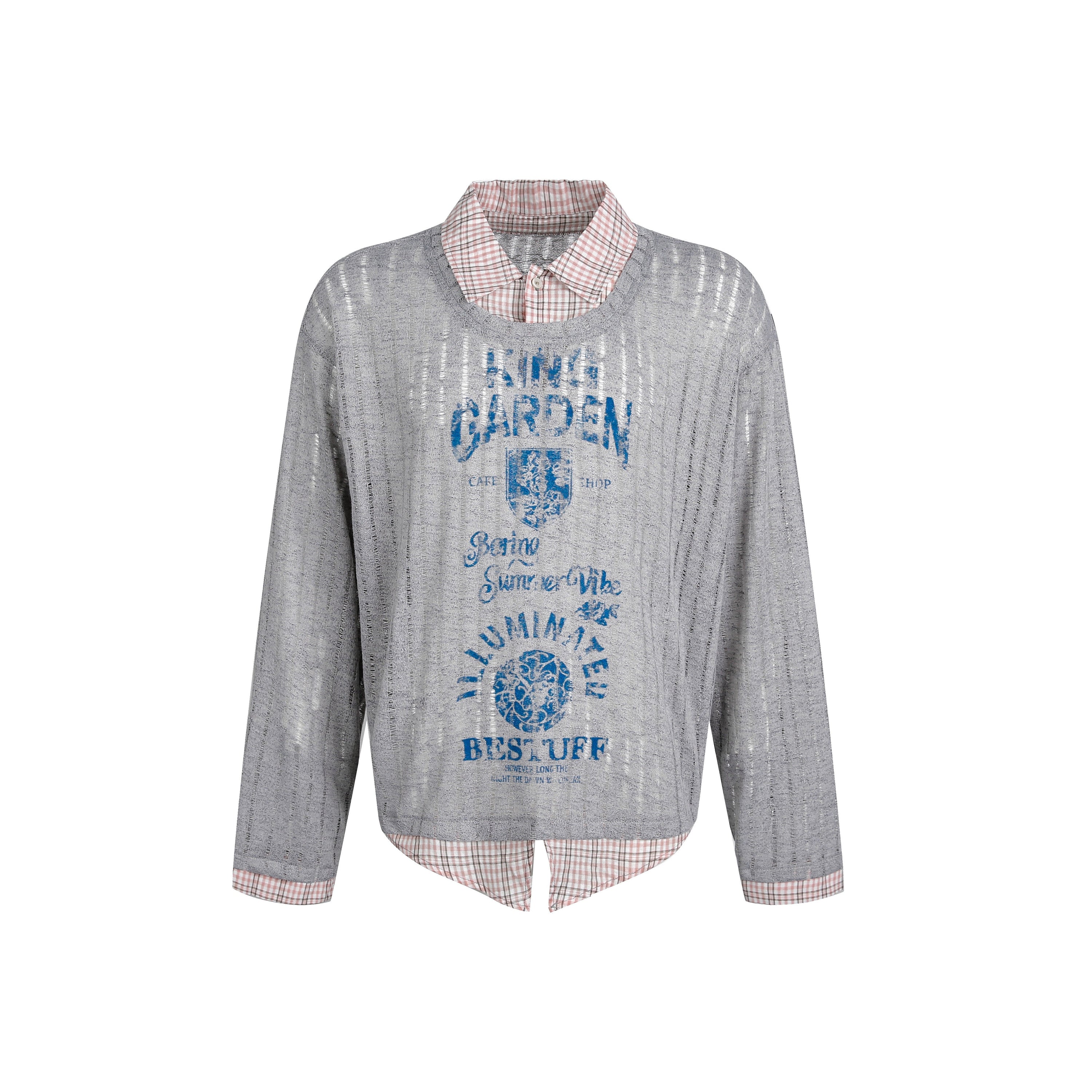 Layered Mesh Graphic Top | Sheer Overlay Plaid Collar