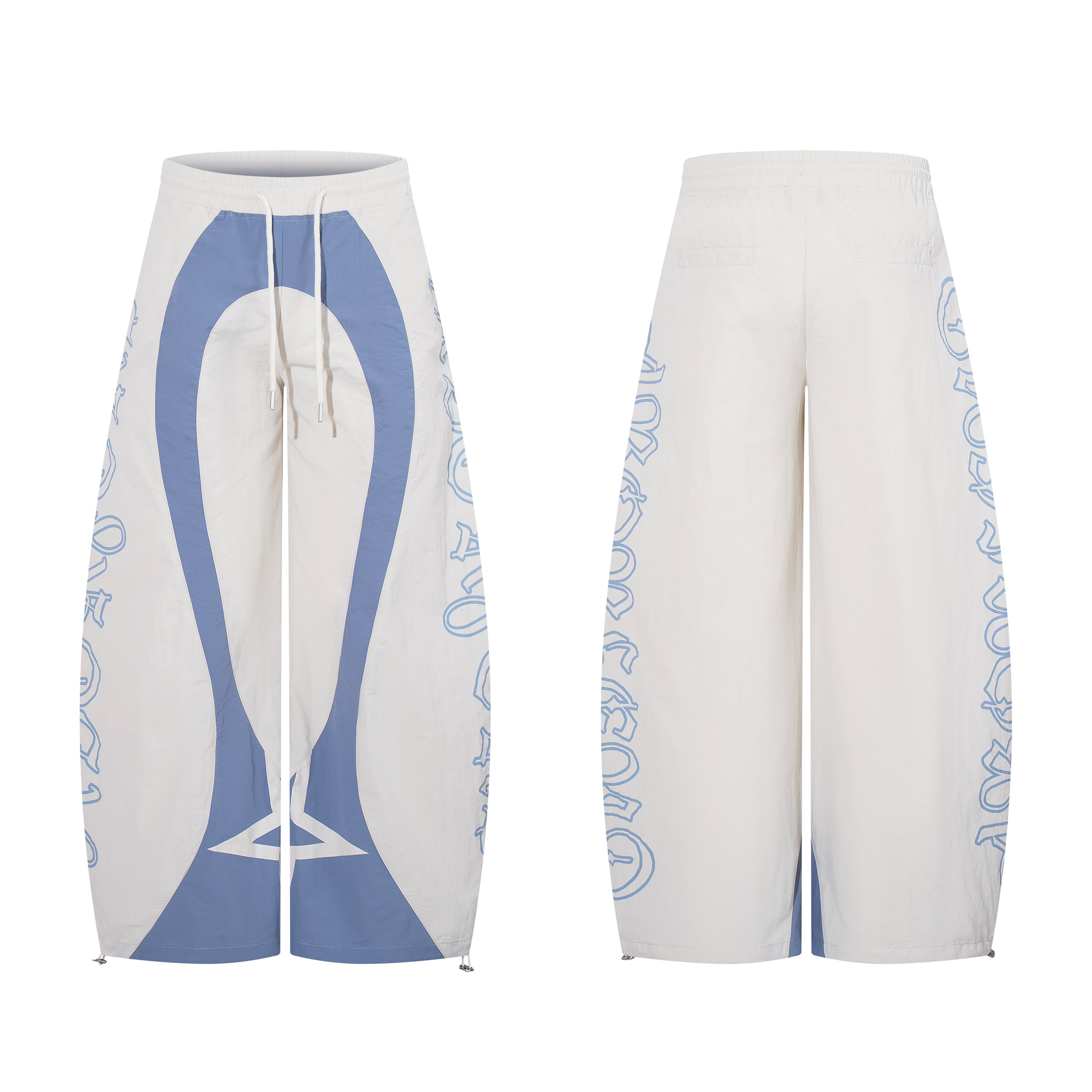 Omirad cream and blue wide-leg graphic panel track pants, front and back view on white background