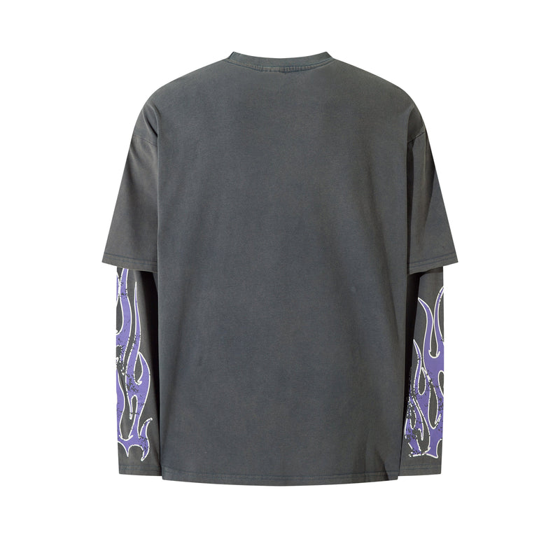 Back view of charcoal long sleeve tee with plain back and purple flame print on the sleeves