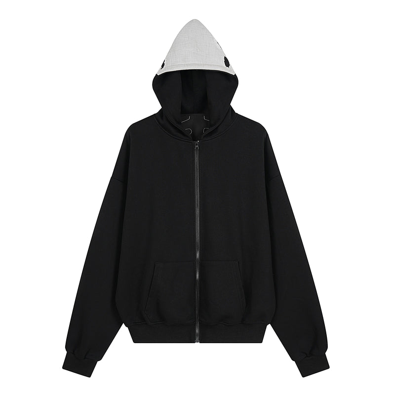 Black zip-up hoodie with white hood lining, front view on white background