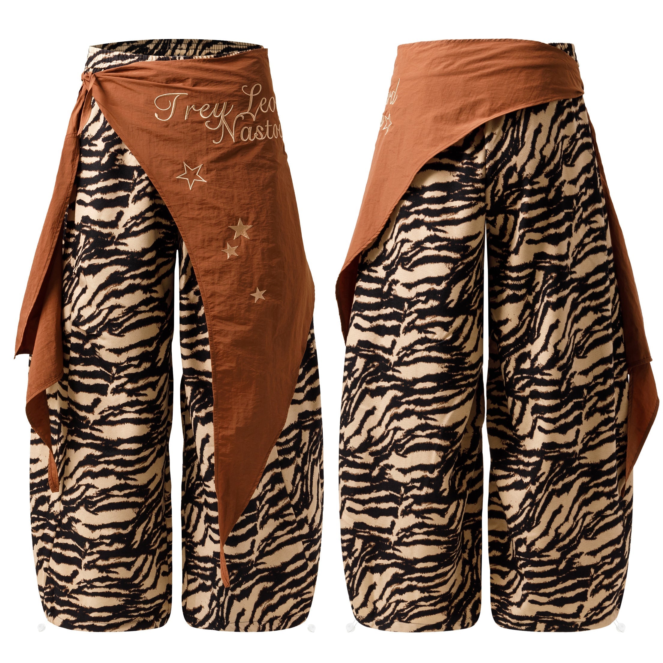 Front and back view of zebra print wide-leg pants with rust brown asymmetric wrap panel and gold star embroidery